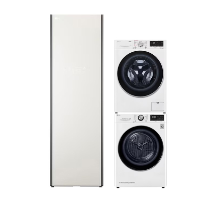 LG AI DD™ Máy giặt lồng ngang 13kg Trắng FV1413S4W, Máy sấy LG DUAL Inverter Heat Pump™ 9kg (trắng) DVHP09W và Tủ chăm sóc quần áo thông minh - LG styler - Màu be S5BOC