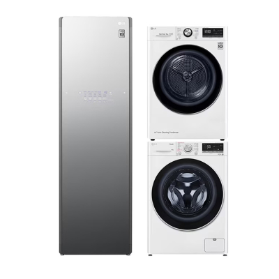 LG AI DD™ Máy giặt lồng ngang 13kg Trắng FV1413S4W, Máy sấy LG DUAL Inverter Heat Pump™ 9kg (trắng) DVHP09W và Tủ chăm sóc quần áo thông minh - LG styler – Màu gương kính S5MB