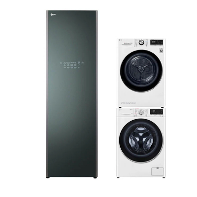 LG AI DD™ Máy giặt lồng ngang 13kg Trắng FV1413S4W, Máy sấy LG DUAL Inverter Heat Pump™ 9kg (trắng) DVHP09W và Tủ chăm sóc quần áo thông minh - LG styler - Màu xanh lá cây S5GOC